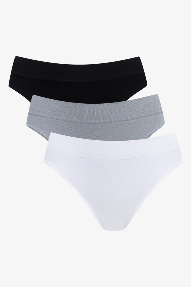 3 Pack Seam-Free Brazilian Panties Grey, White & Black (1)