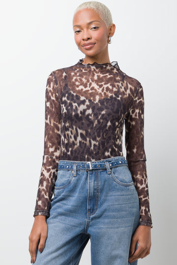 Leopard Print Long Sleeve Mesh Bodysuit Brown