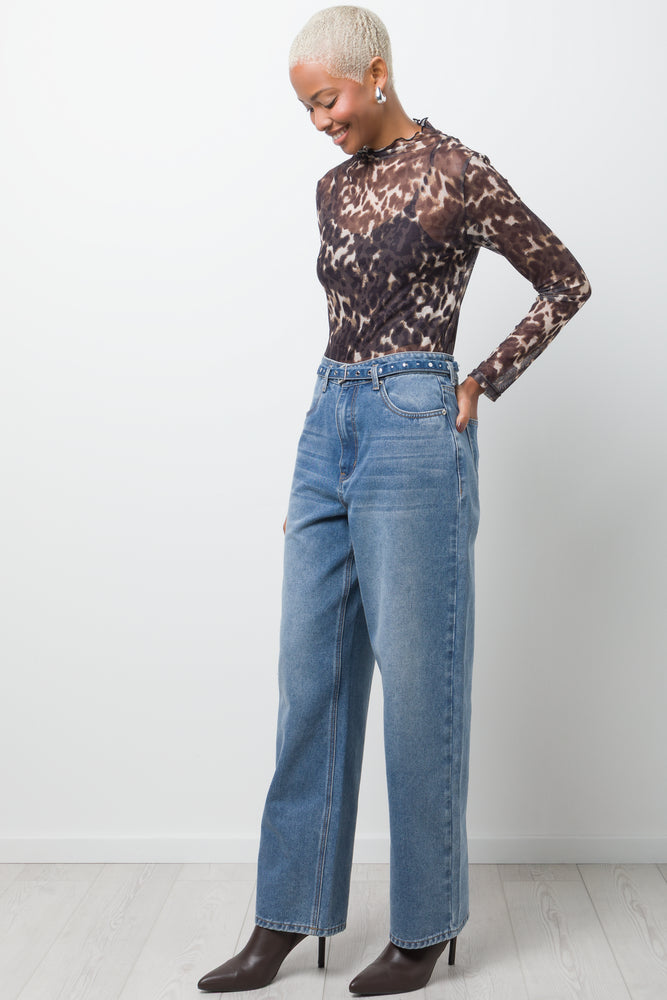 Leopard Print Long Sleeve Mesh Bodysuit Brown (1)