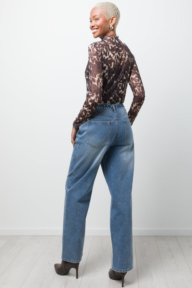 Leopard Print Long Sleeve Mesh Bodysuit Brown (2)