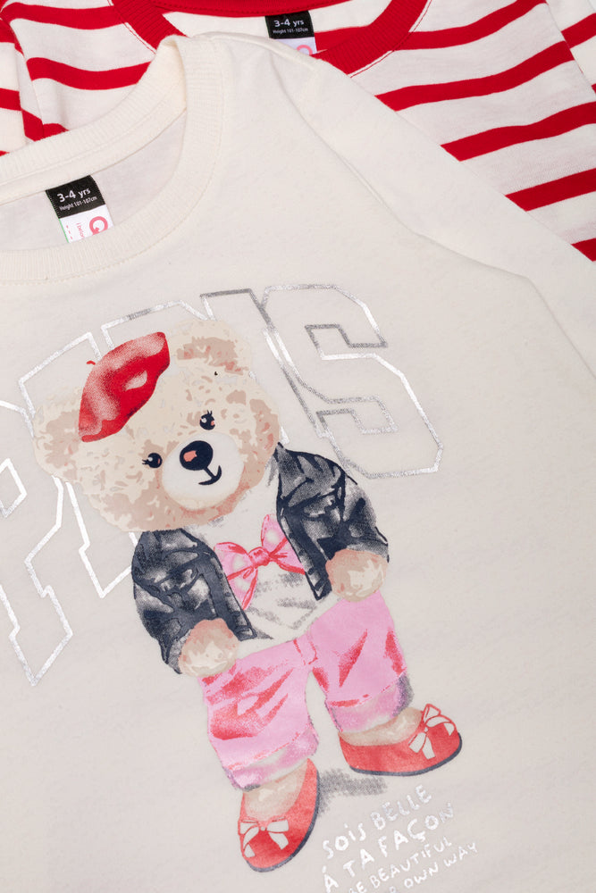 2 Pack Bear Long Sleeve T-Shirt Cream And Red