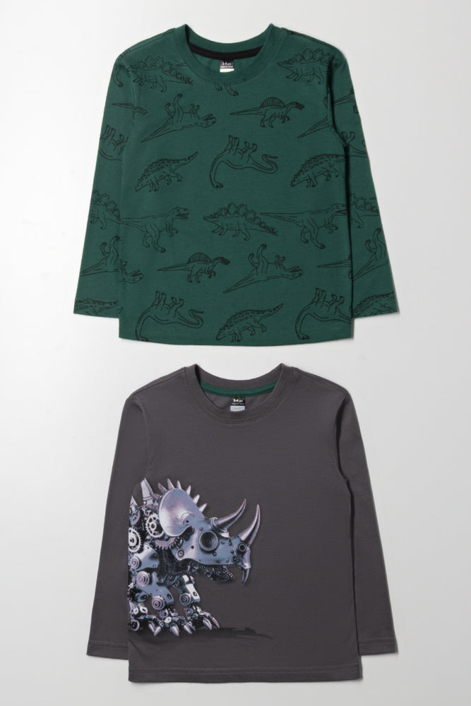 2 Pack Dinosaur Long Sleeve T-Shirt Green And Grey