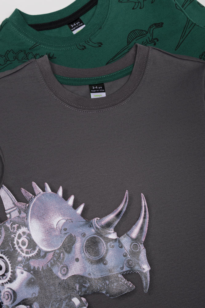 2 Pack Dinosaur Long Sleeve T-Shirt Green And Grey