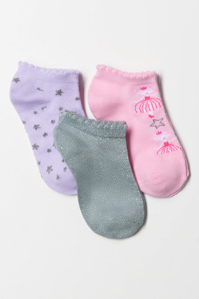 3 Pack Fairy Low Cut Socks Lilac, Pink And Grey