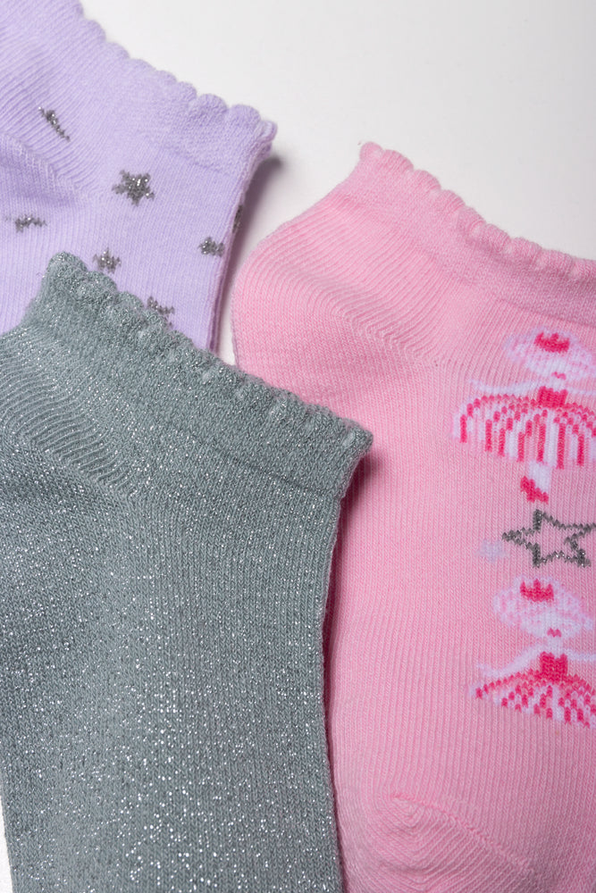 3 Pack Fairy Low Cut Socks Lilac, Pink And Grey
