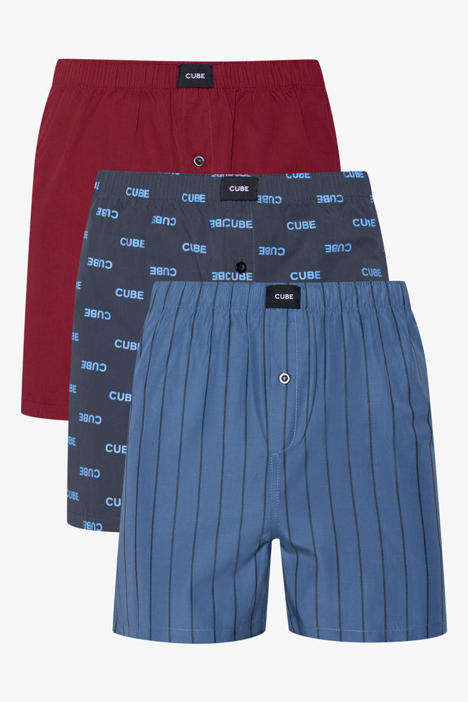 3 Pack Woven Boxers Red & Blue