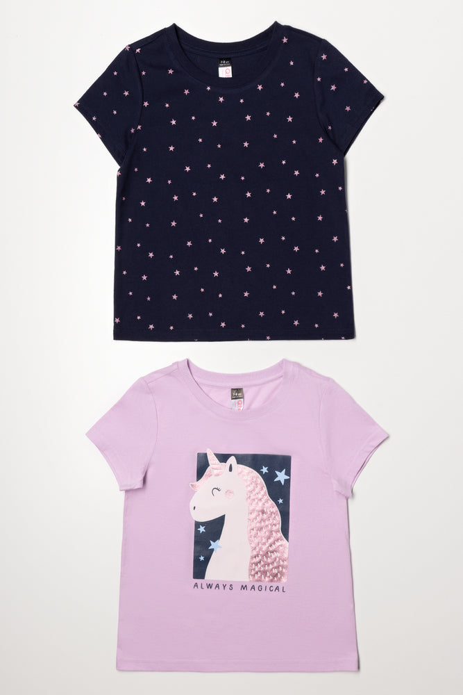 2 Pack Unicorn Short Sleeve T-Shirts Navy And Lilac