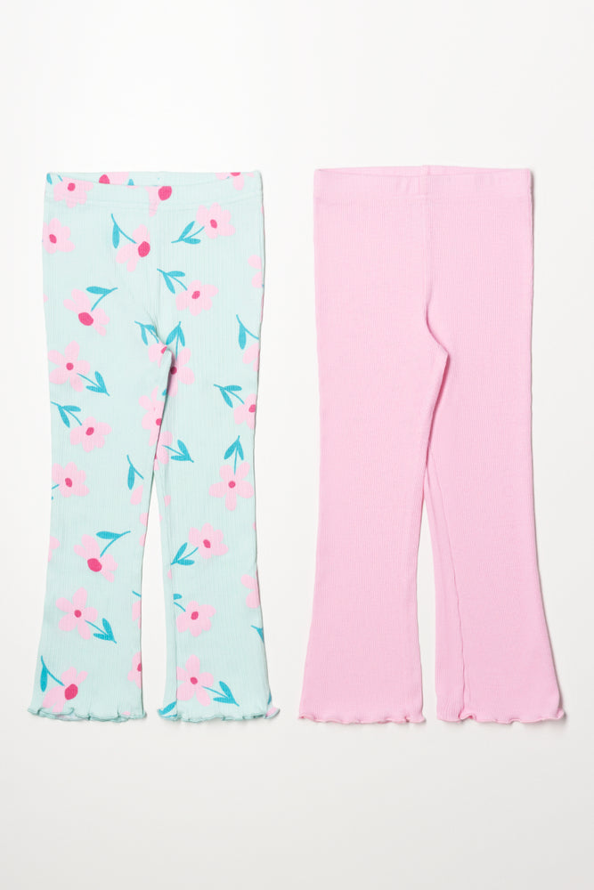 2 Pack Floral Flare Leggings Green And Pink