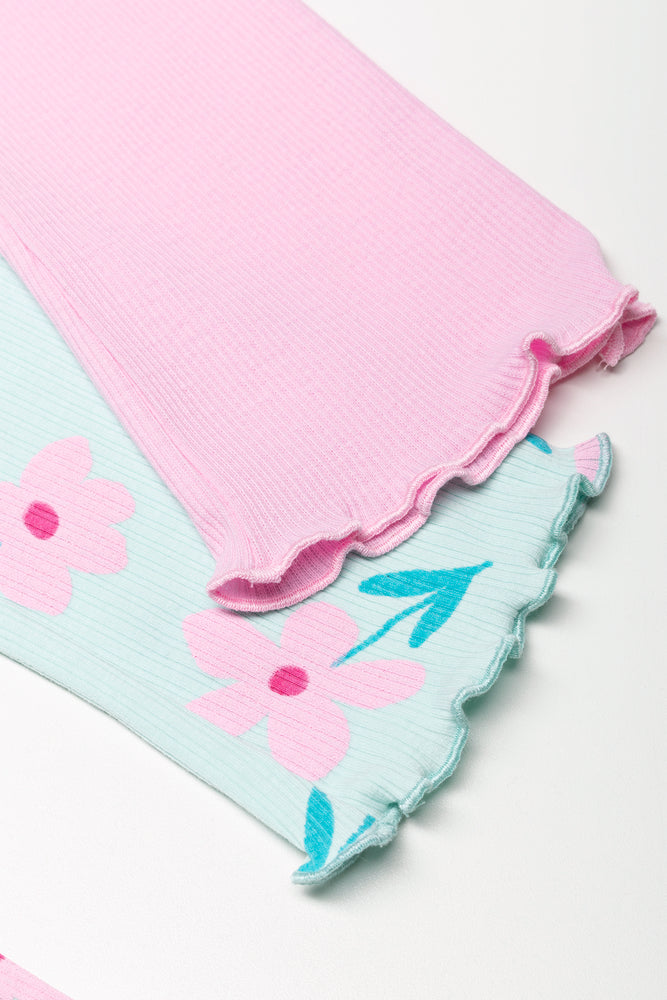 2 Pack Floral Flare Leggings Green And Pink