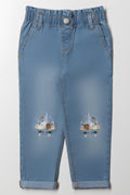 Unicorn Embroidered Denim Mom Jeans Blue