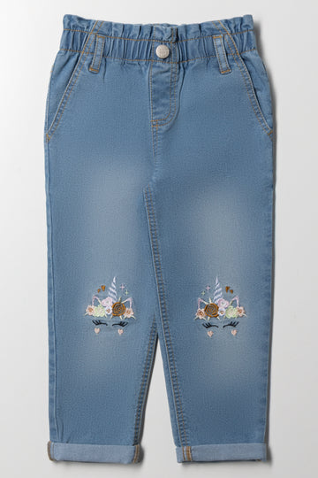 Unicorn Embroidered Denim Mom Jeans Blue