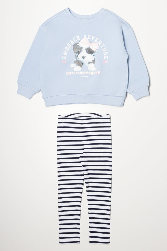 Puppy Crew Neck With Stripe Leggings Set Blue