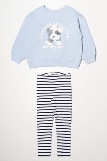 Puppy Crew Neck With Stripe Leggings Set Blue