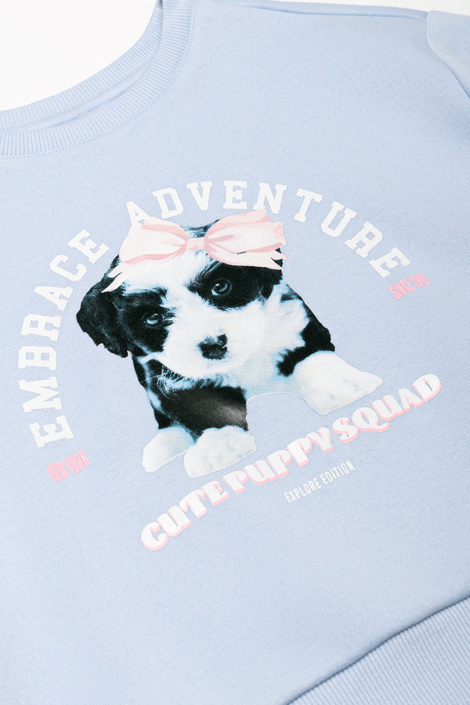 Puppy Crew Neck With Stripe Leggings Set Blue