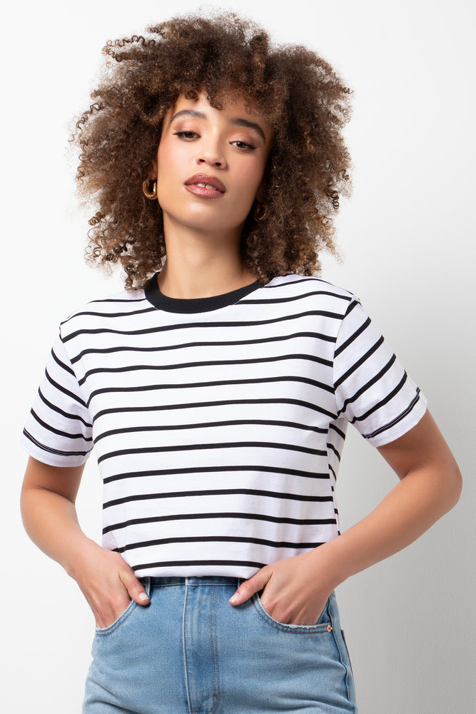 Stripe Crew Neck Short Sleeve T-Shirt White And Black