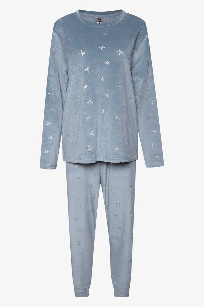 Silver Bow Foil Print Mink Pyjama Set Blue