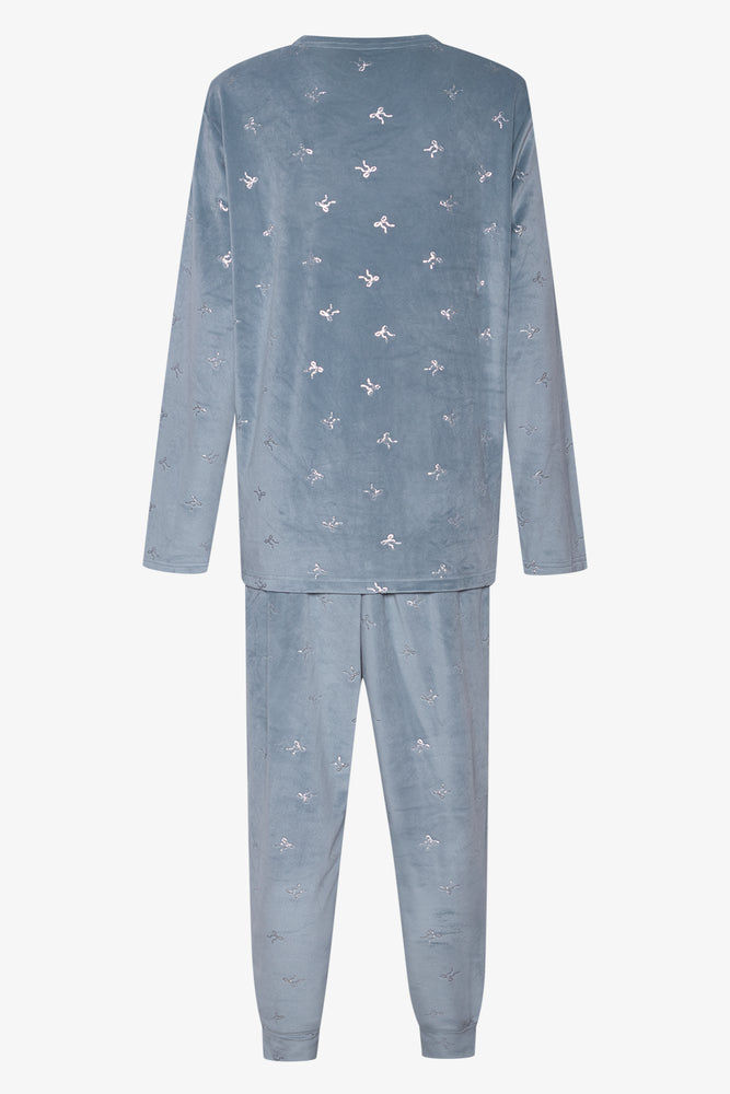 Silver Bow Foil Print Mink Pyjama Set Blue