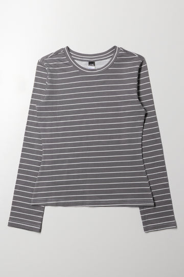 Long Sleeve Stripe Crew Neck Grey