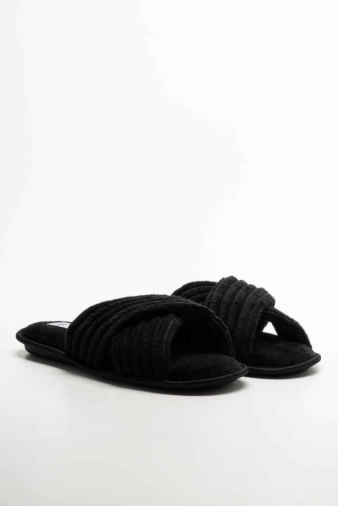 Rib Open Toe Slippers Black