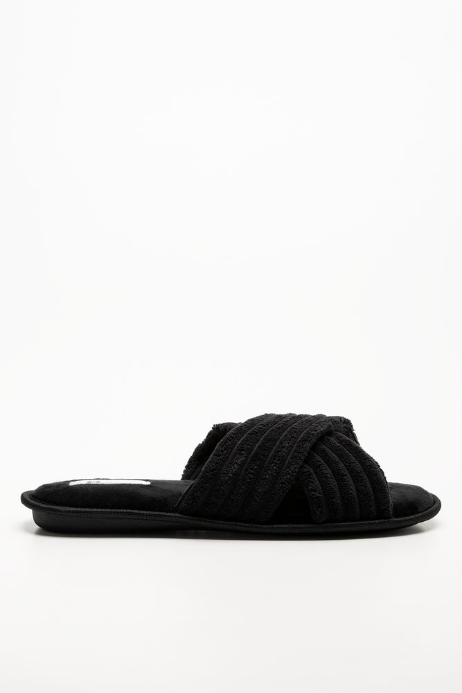 Rib Open Toe Slippers Black
