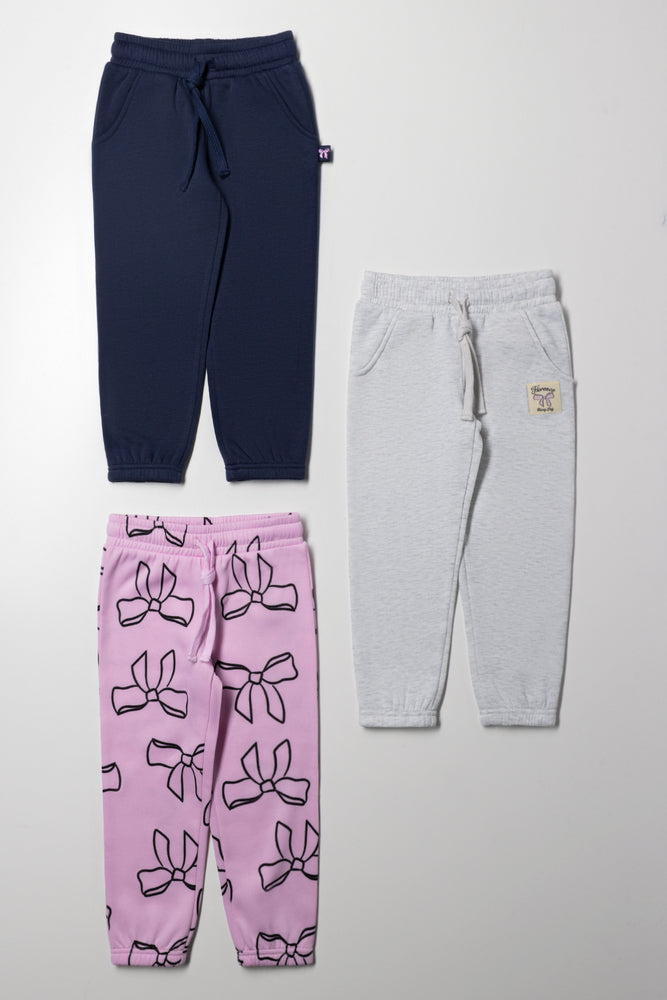 3 Pack Bow Trackpants Navy, Pink And Grey