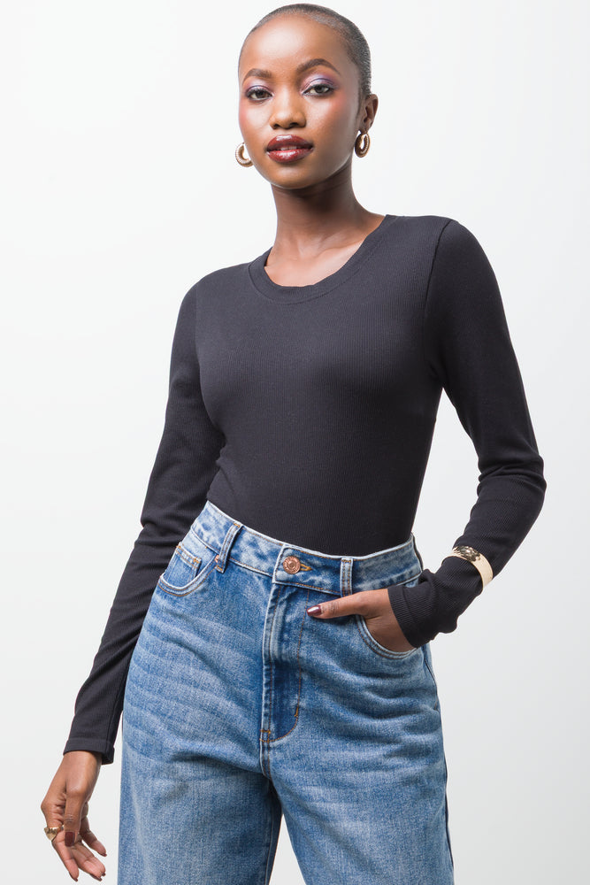 Rib Seamless Long Sleeve Bodysuit Black
