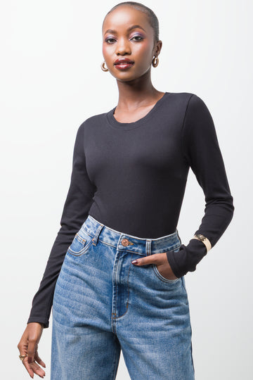 Rib Seamless Long Sleeve Bodysuit Black