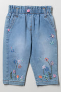 Floral Paperbag Denim Jeans Blue