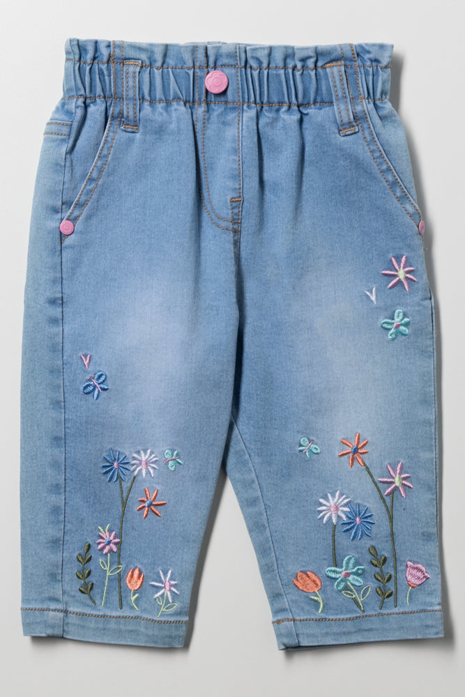 Floral Paperbag Denim Jeans Blue
