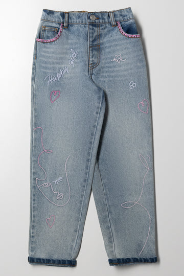 Relaxed Embroidered Denim Jean Blue