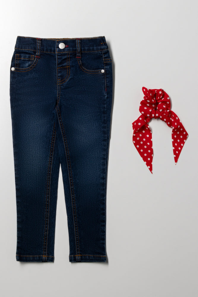 Skinny Denim Jeans With Hair Tie Dark Blue