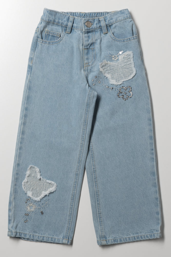 Butterfly Patch Wide Leg Denim Jeans Blue