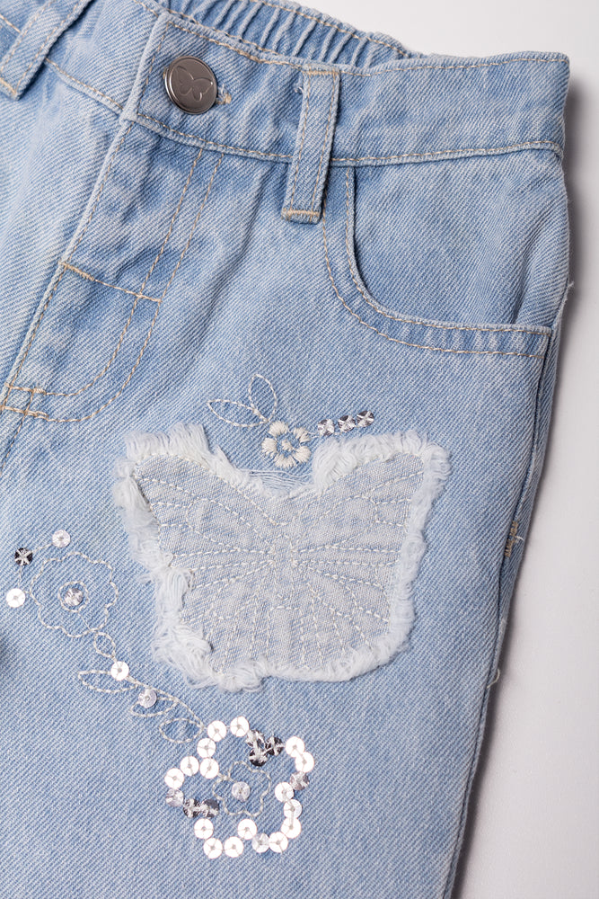Butterfly Patch Wide Leg Denim Jeans Blue