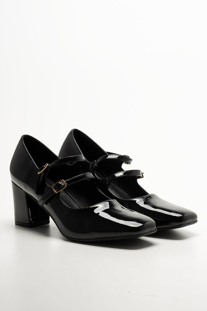 Double Strap Block Heel Shoes Black