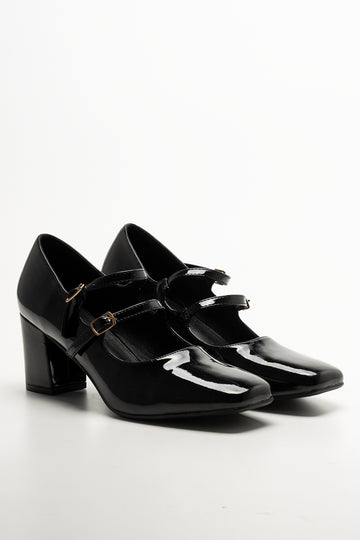 Double Strap Block Heel Shoes Black