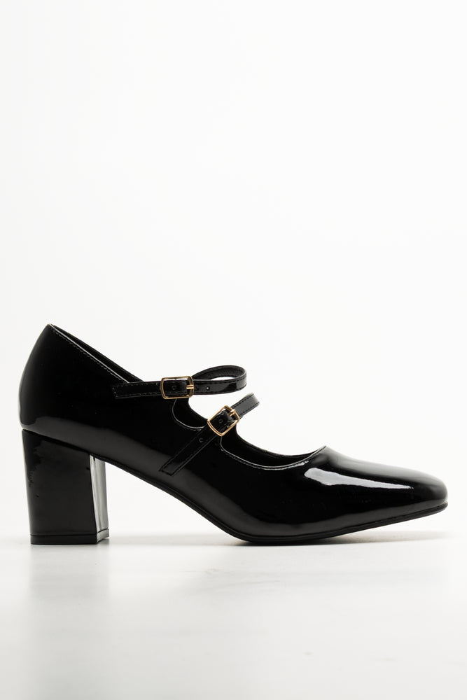 Double Strap Block Heel Shoes Black