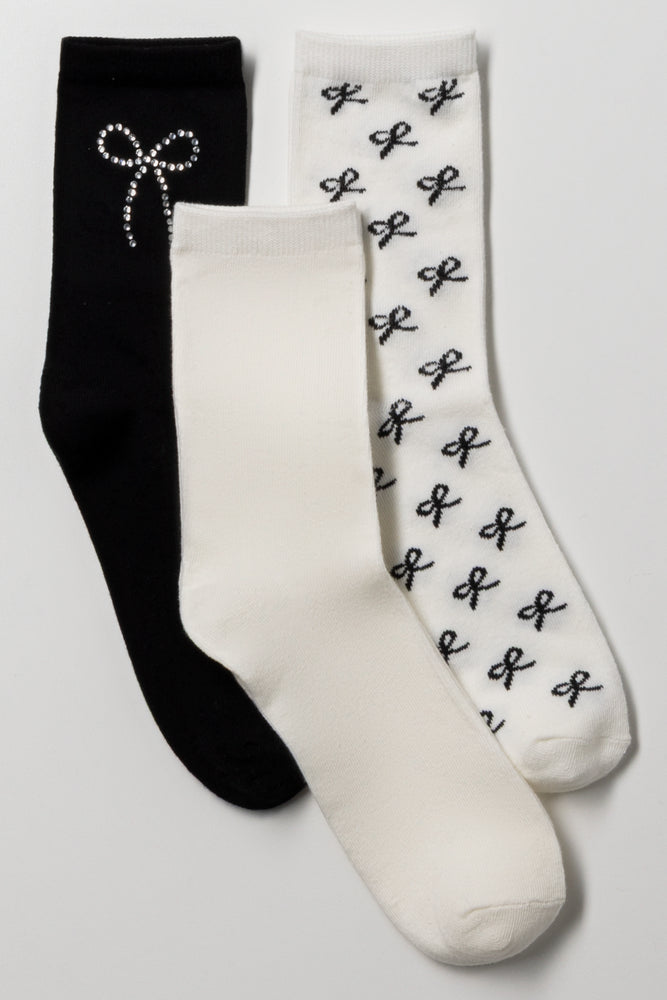 3 Pack Bow Socks Black And Cream