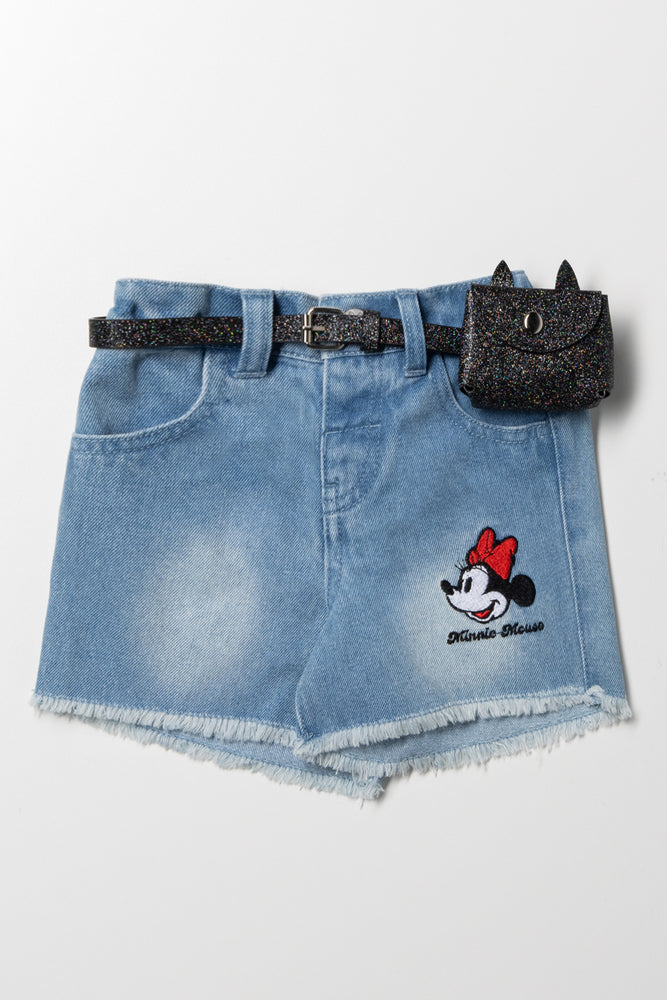 Minnie Mouse Belted Denim Shorts Light Blue