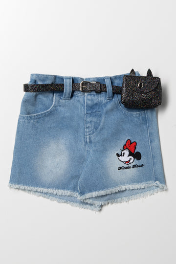 Minnie Mouse Belted Denim Shorts Light Blue