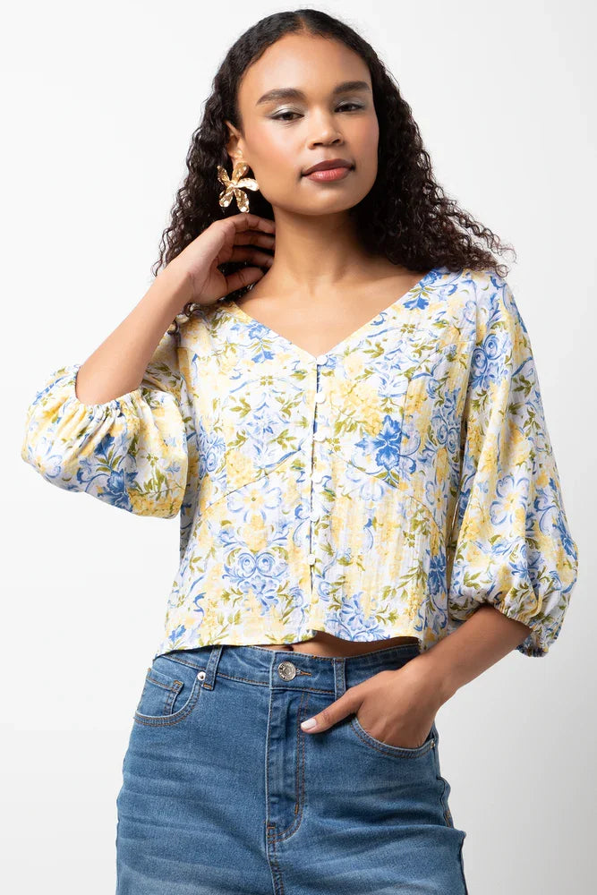 Ballerina Sleeve Linen Top Yellow Floral