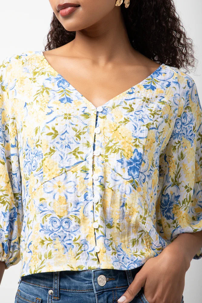 Ballerina Sleeve Linen Top Yellow Floral (3)