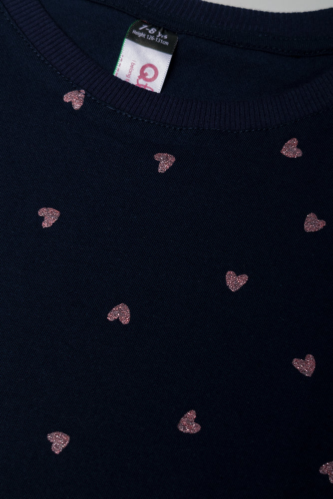 Glitter Heart Short Sleeve T-Shirt Navy (1)