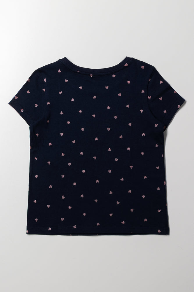 Glitter Heart Short Sleeve T-Shirt Navy (2)
