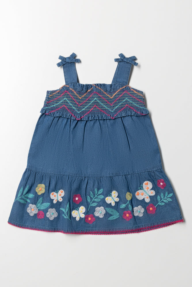Smocked Denim Dress Blue