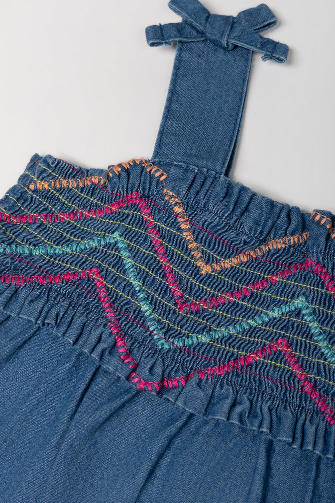 Smocked Denim Dress Blue