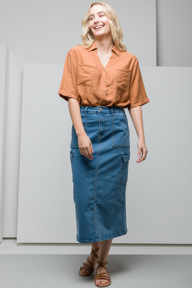 Utility Denim Skirt Mid Blue Shorts Skirts Ackermans - Main Image