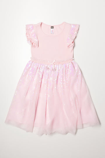 Sequin fit and flare mesh combo dress light pink