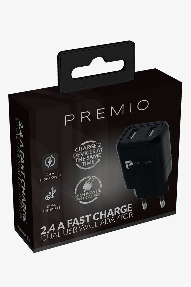 Premio 2.4 Amp Dual Wall Charger Black (2)