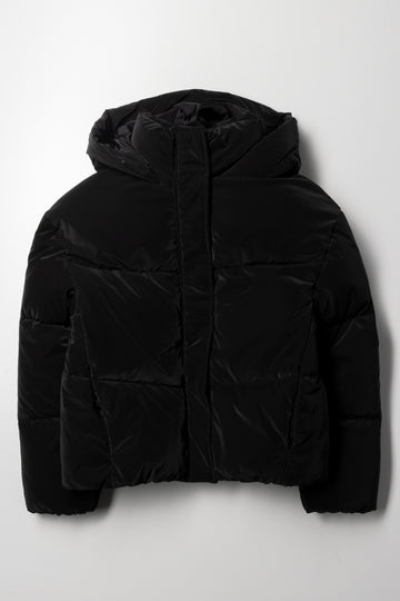 Coated Hooded Puffer Jacket Black
