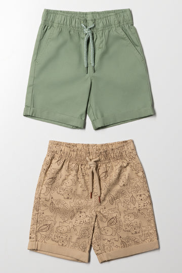 2 Pack Woven Shorts Green And Natural